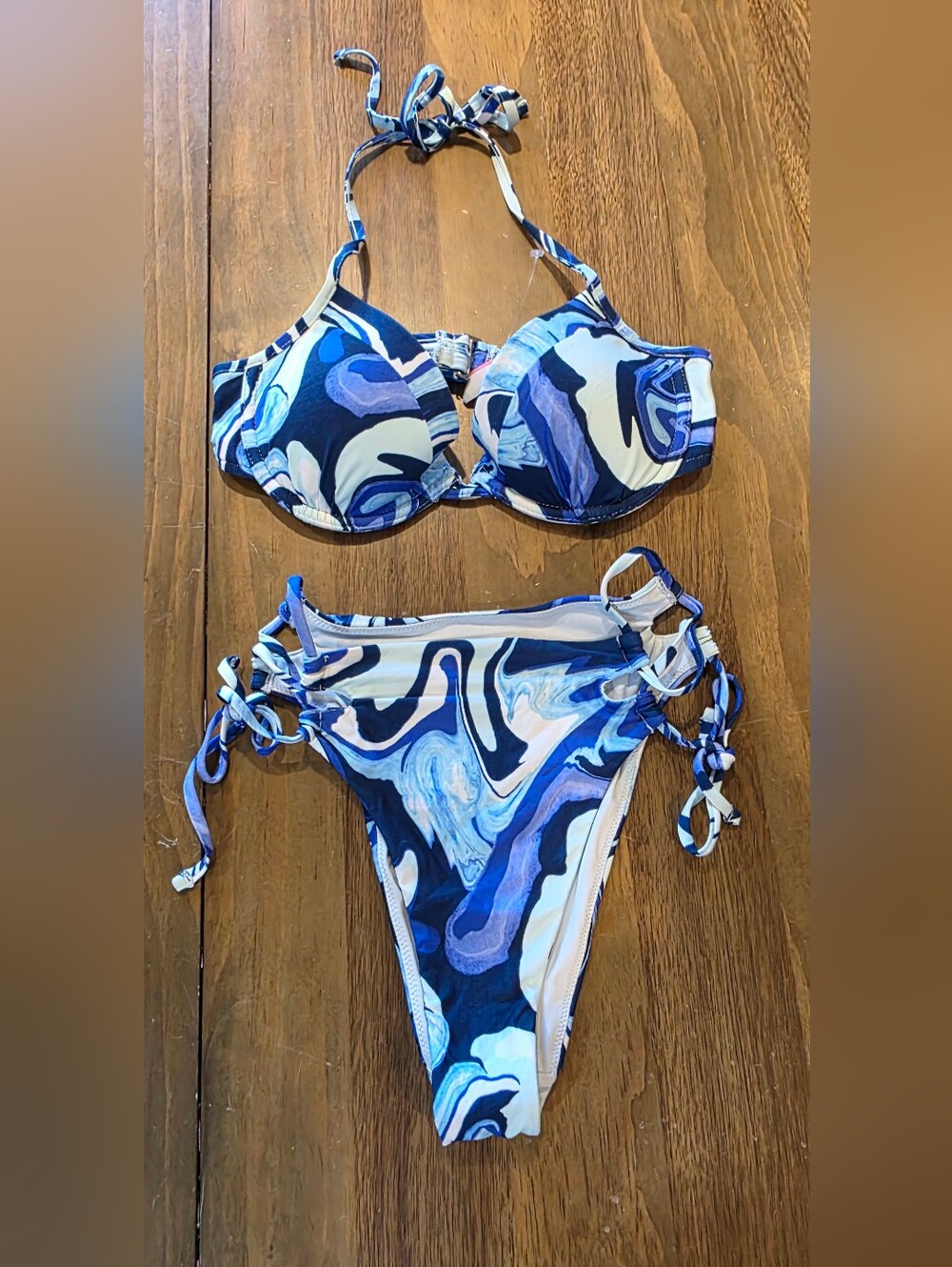 Victoria's Secret Brazilian Bikini Small Blue Marble Swirl Print Open Side Tie